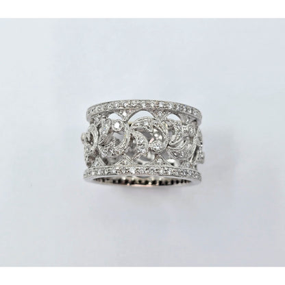 18K White Gold Floral Design Diamond Wide Band Ring