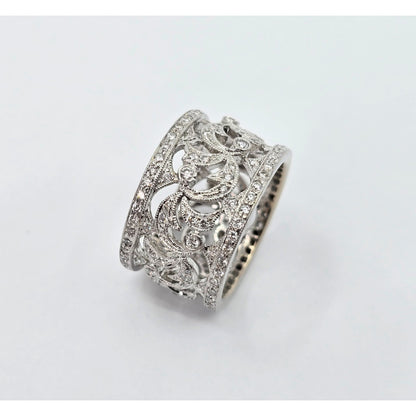 18K White Gold Floral Design Diamond Wide Band Ring