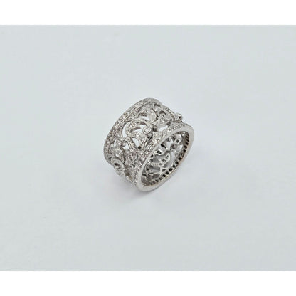 18K White Gold Floral Design Diamond Wide Band Ring