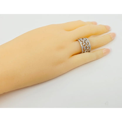 18K White Gold Floral Design Diamond Wide Band Ring