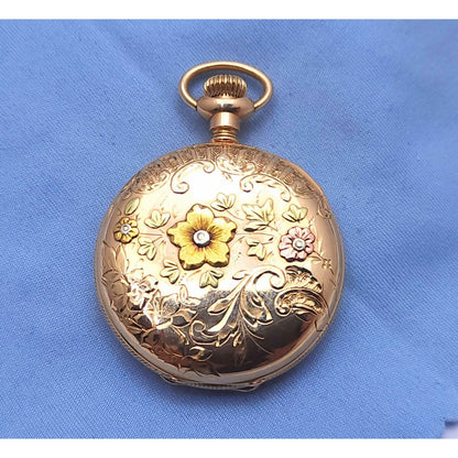 Rare Elgin 4s 14k Tri Tone Gold Subdial Floral Pattern Pocket Watch with Mono