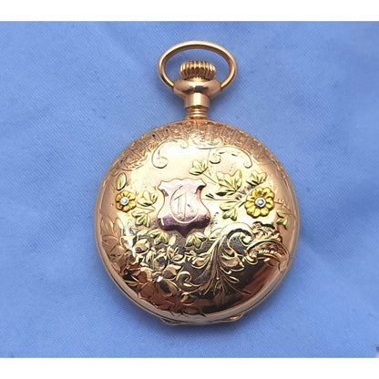 Rare Elgin 4s 14k Tri Tone Gold Subdial Floral Pattern Pocket Watch with Mono