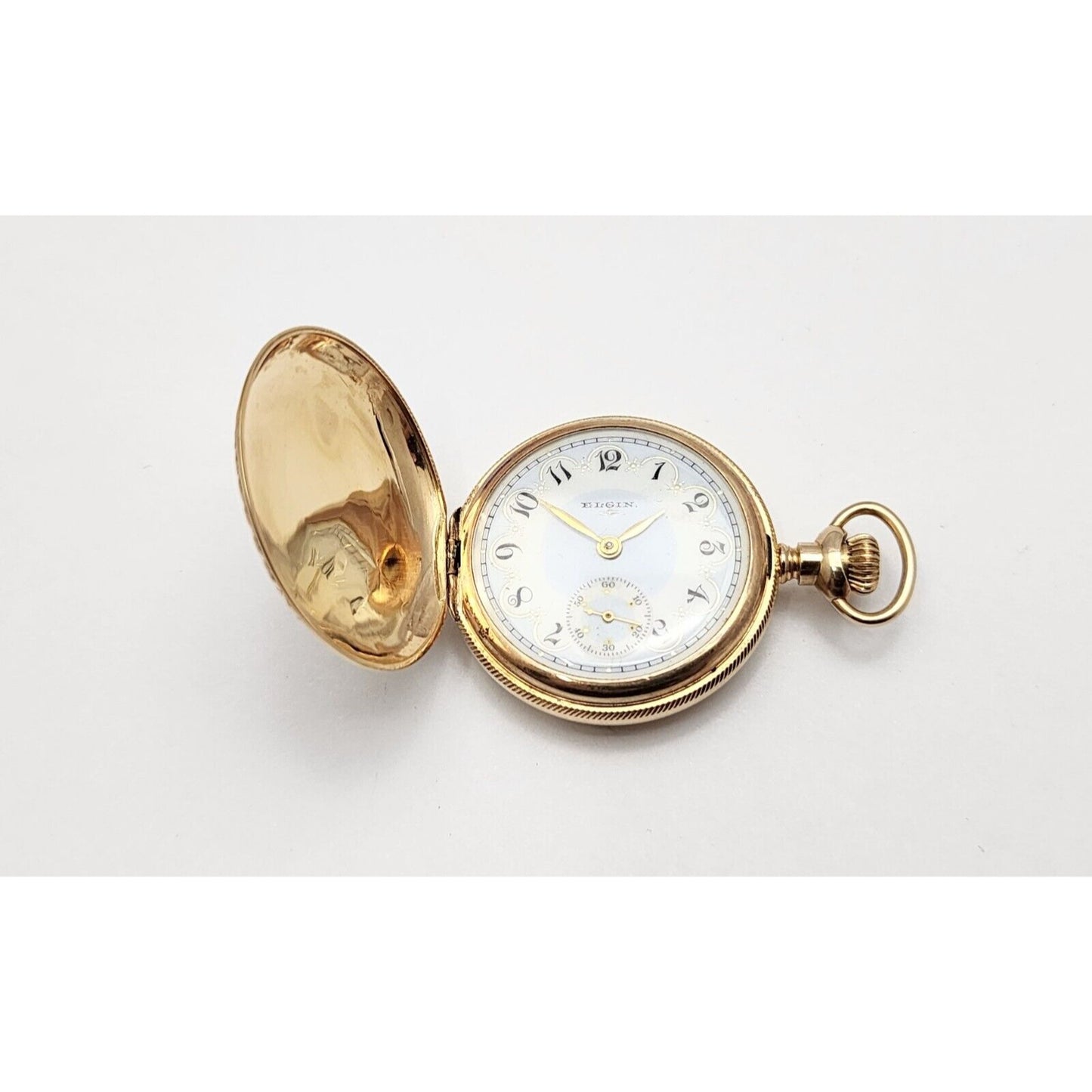 Rare Elgin 4s 14k Tri Tone Gold Subdial Floral Pattern Pocket Watch with Mono