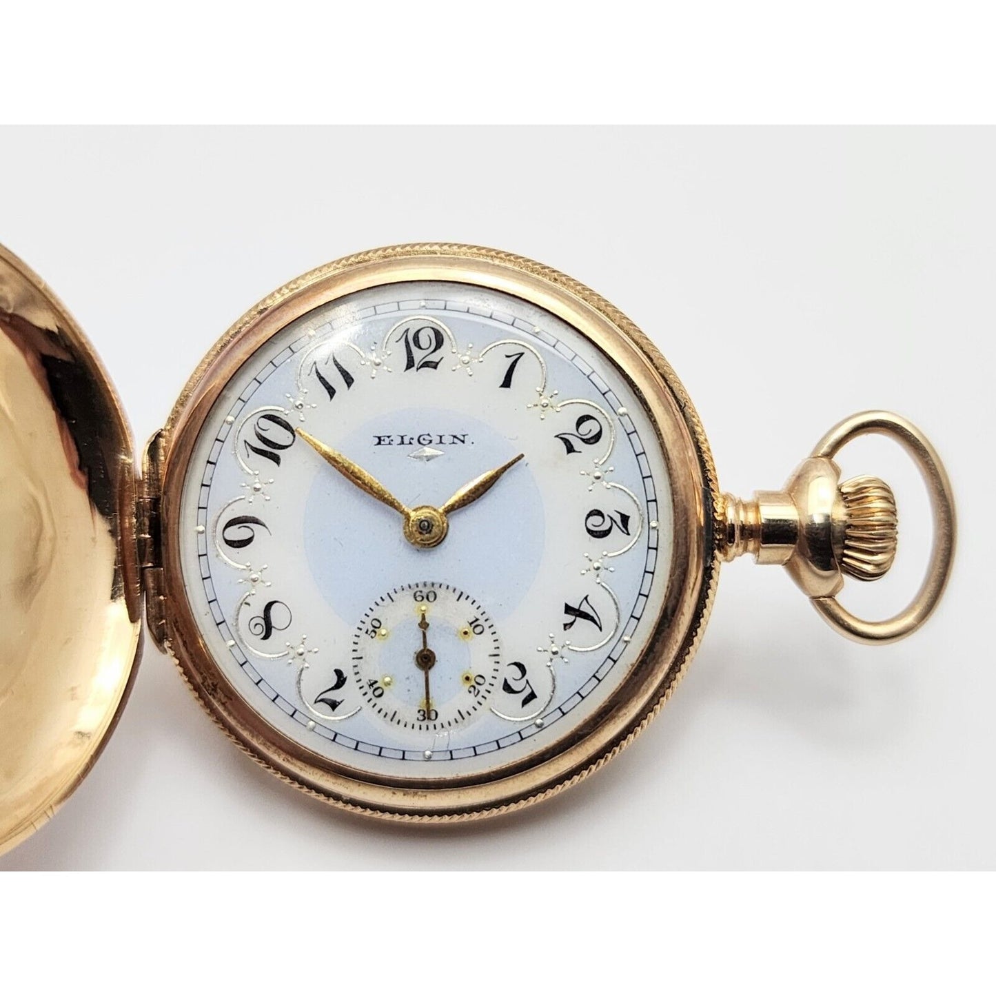 Rare Elgin 4s 14k Tri Tone Gold Subdial Floral Pattern Pocket Watch with Mono