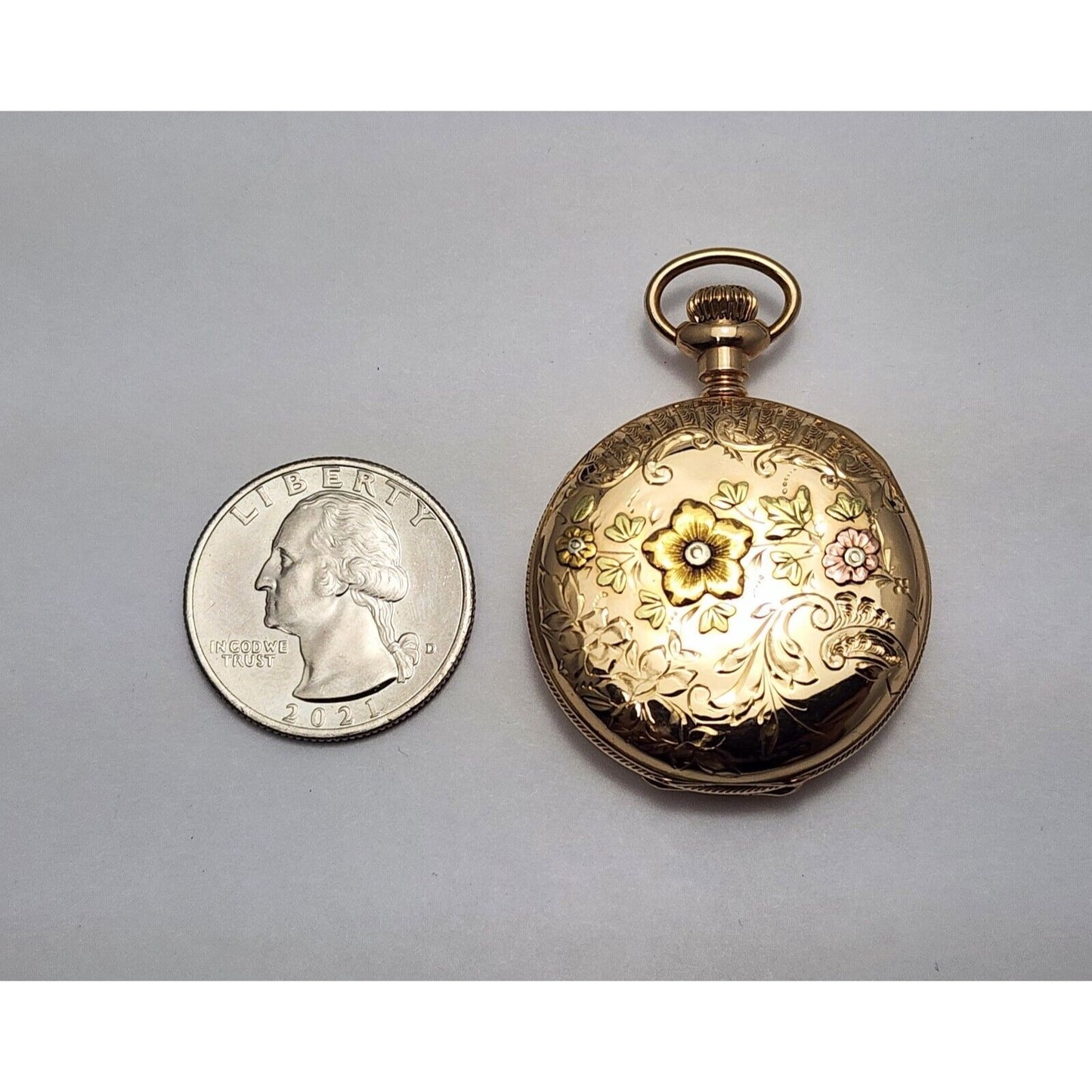 Rare Elgin 4s 14k Tri Tone Gold Subdial Floral Pattern Pocket Watch with Mono