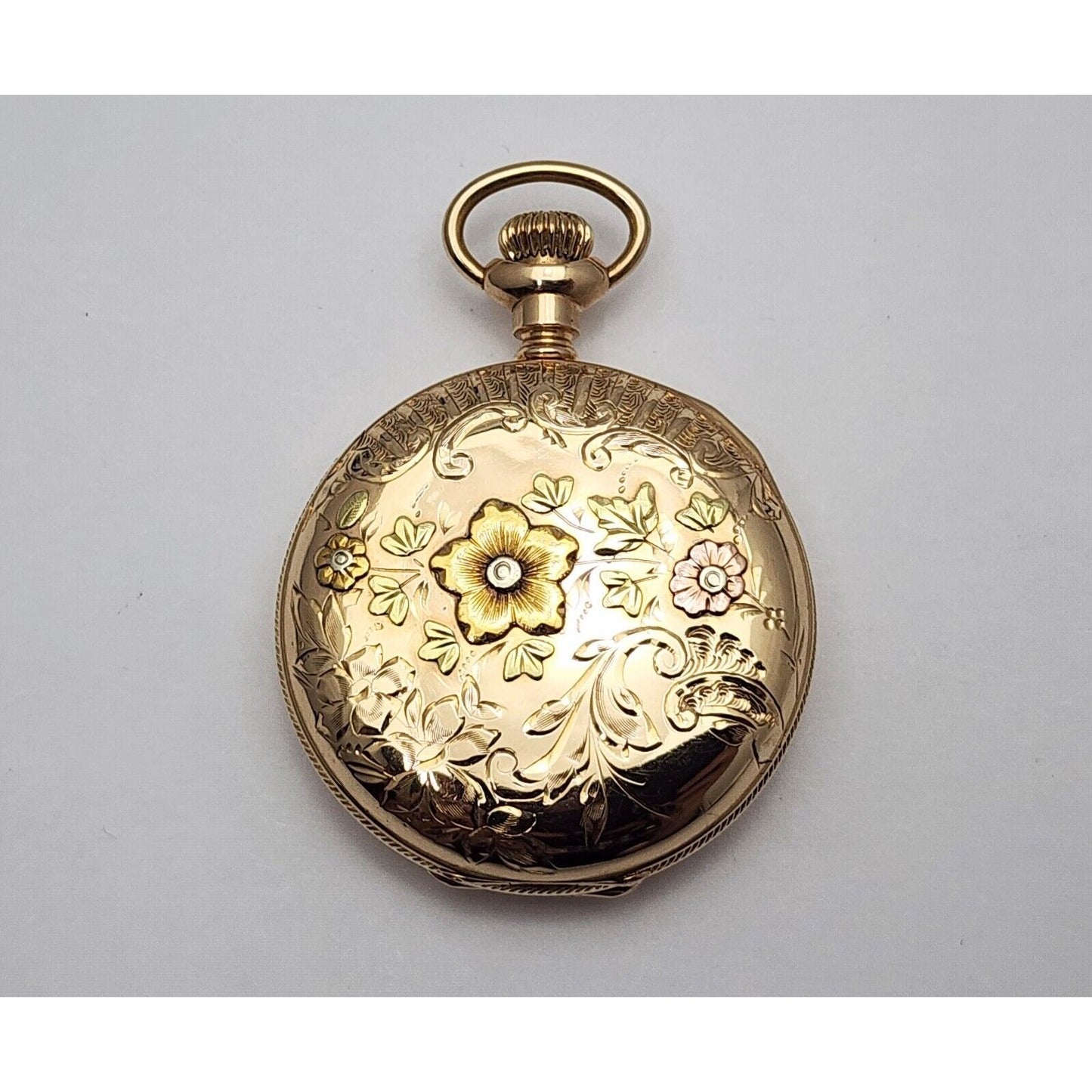 Rare Elgin 4s 14k Tri Tone Gold Subdial Floral Pattern Pocket Watch with Mono