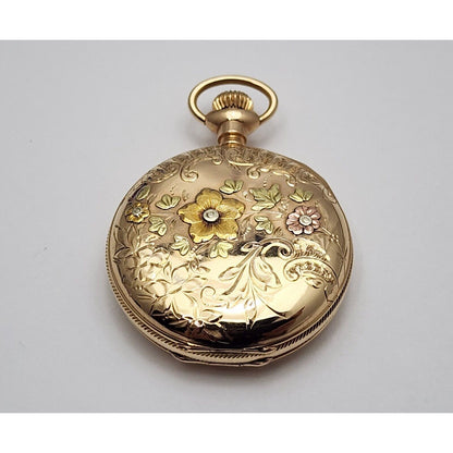 Rare Elgin 4s 14k Tri Tone Gold Subdial Floral Pattern Pocket Watch with Mono