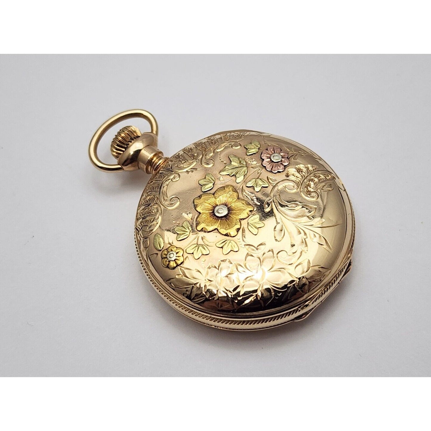 Rare Elgin 4s 14k Tri Tone Gold Subdial Floral Pattern Pocket Watch with Mono