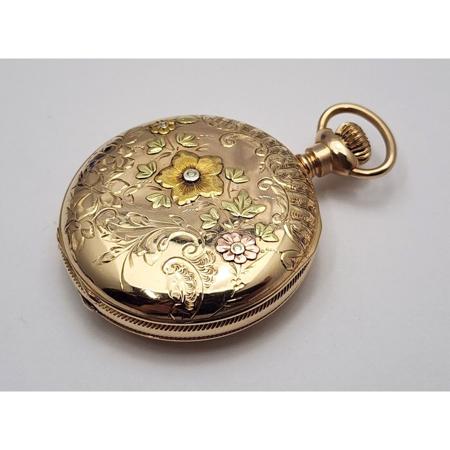 Rare Elgin 4s 14k Tri Tone Gold Subdial Floral Pattern Pocket Watch with Mono