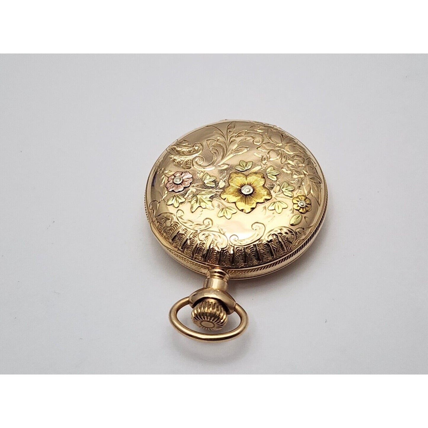 Rare Elgin 4s 14k Tri Tone Gold Subdial Floral Pattern Pocket Watch with Mono