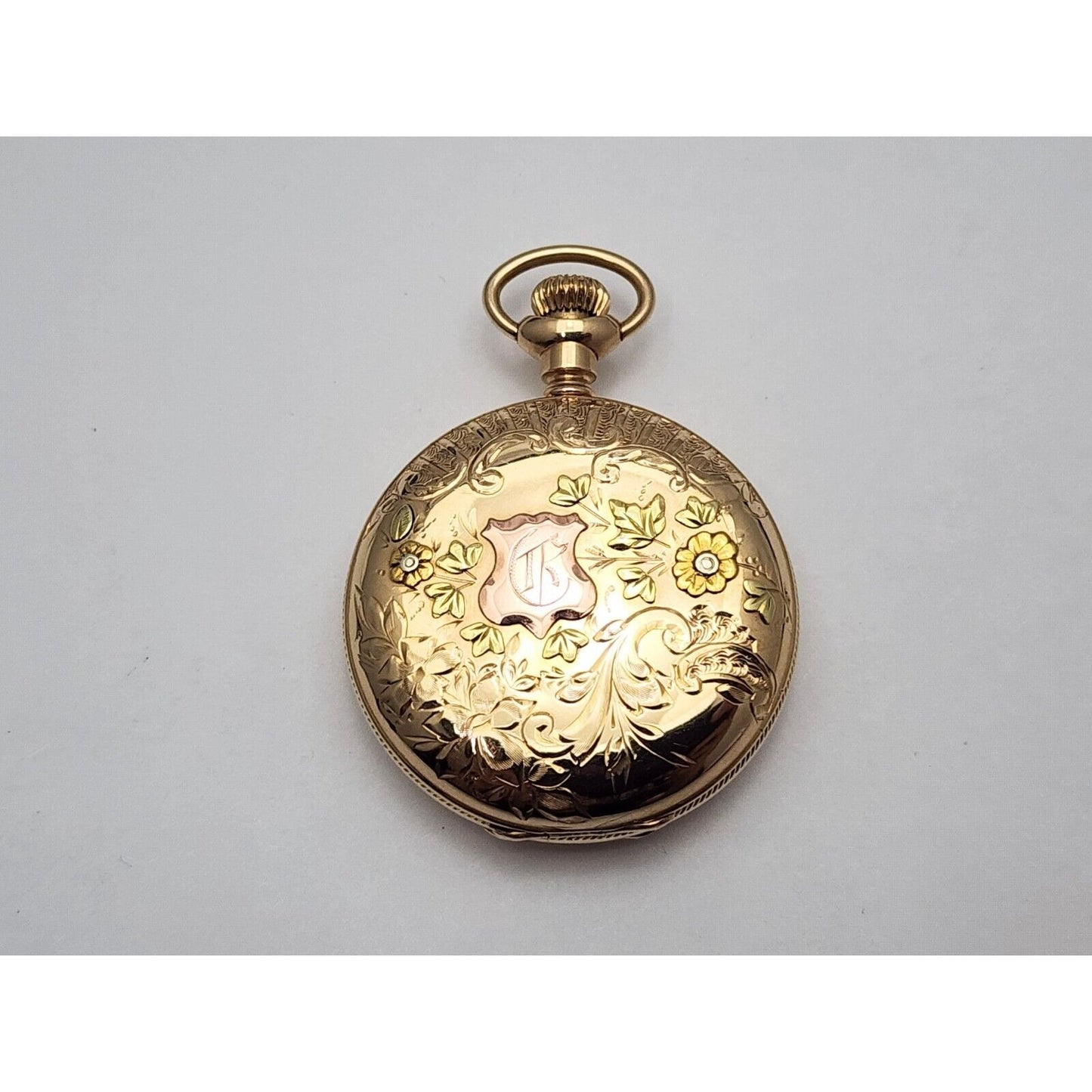 Rare Elgin 4s 14k Tri Tone Gold Subdial Floral Pattern Pocket Watch with Mono