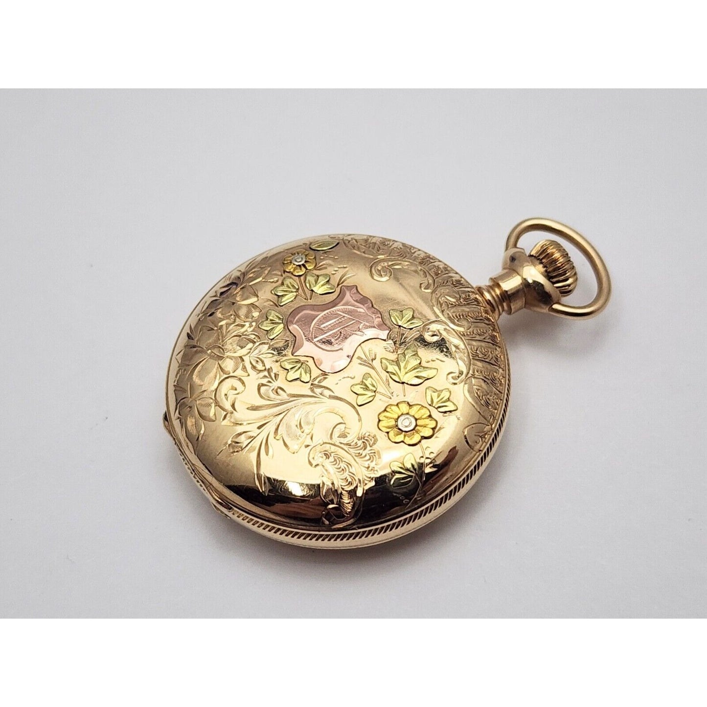 Rare Elgin 4s 14k Tri Tone Gold Subdial Floral Pattern Pocket Watch with Mono