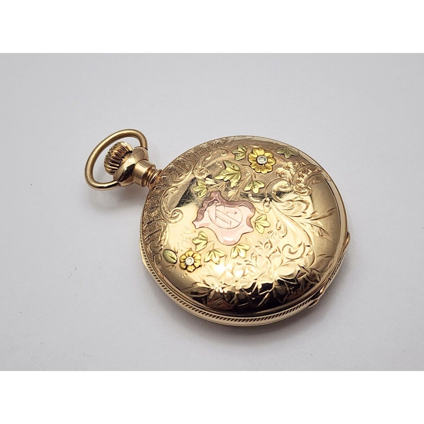 Rare Elgin 4s 14k Tri Tone Gold Subdial Floral Pattern Pocket Watch with Mono