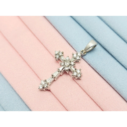 Small 14K White Gold White Diamond Cross Pendant Charm