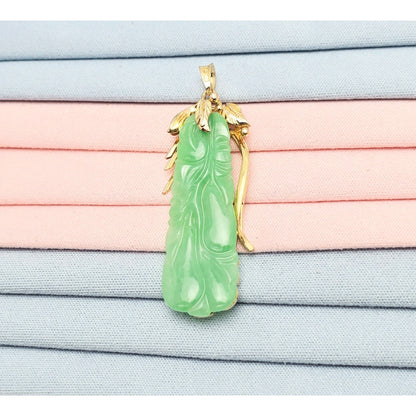 14K Yellow Gold Green Jadeite Jade Carved Floral Charm Pendant