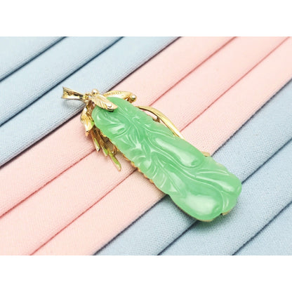 14K Yellow Gold Green Jadeite Jade Carved Floral Charm Pendant