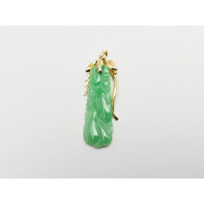 14K Yellow Gold Green Jadeite Jade Carved Floral Charm Pendant