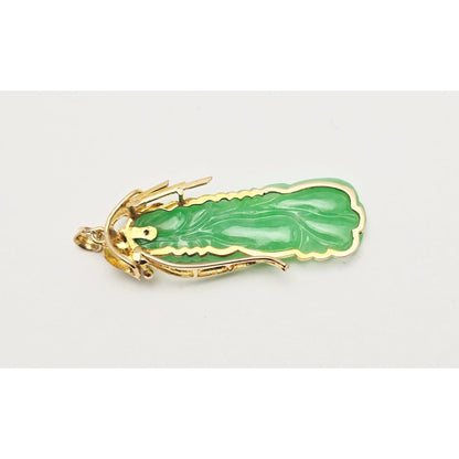 14K Yellow Gold Green Jadeite Jade Carved Floral Charm Pendant