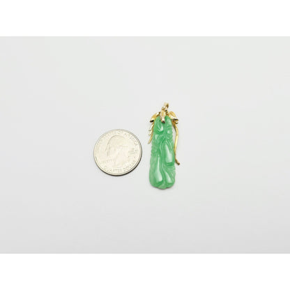 14K Yellow Gold Green Jadeite Jade Carved Floral Charm Pendant