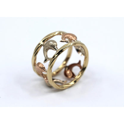 10K Tri Tone Gold Dolphin Wide Band Ring