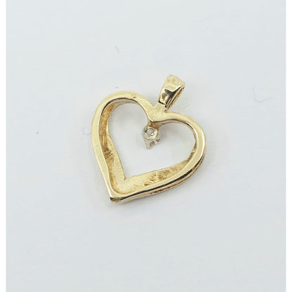 14K Yellow Gold Round Cut Diamond Open Heart Charm Pendant