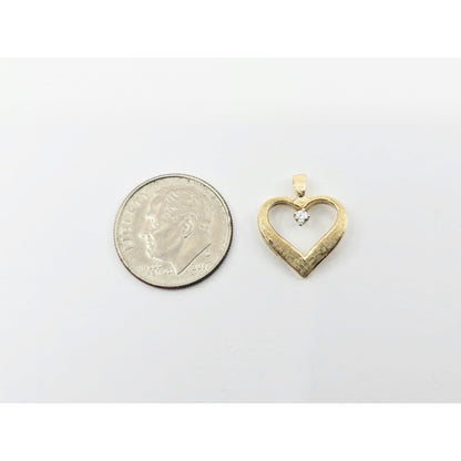 14K Yellow Gold Round Cut Diamond Open Heart Charm Pendant