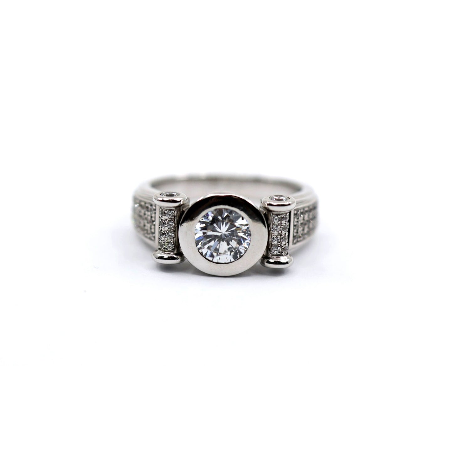 14K White Gold Round CZ Bezel Set Pave Accent Ring
