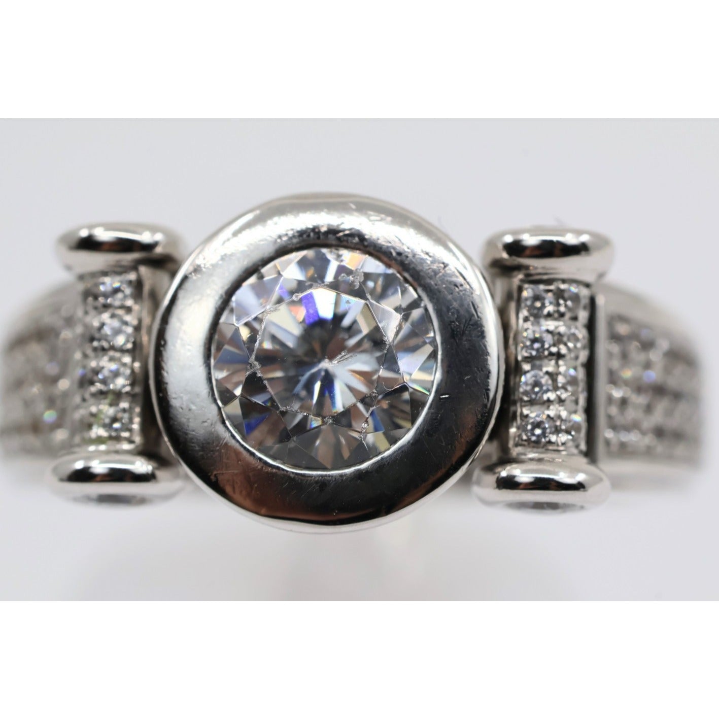 14K White Gold Round CZ Bezel Set Pave Accent Ring