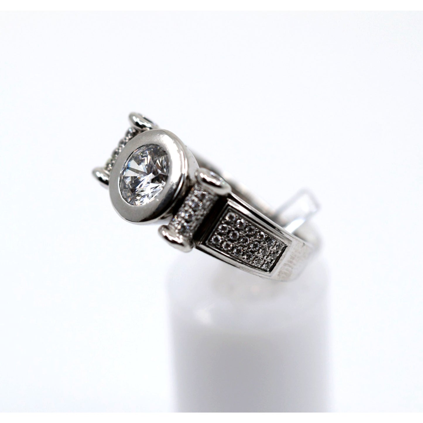 14K White Gold Round CZ Bezel Set Pave Accent Ring