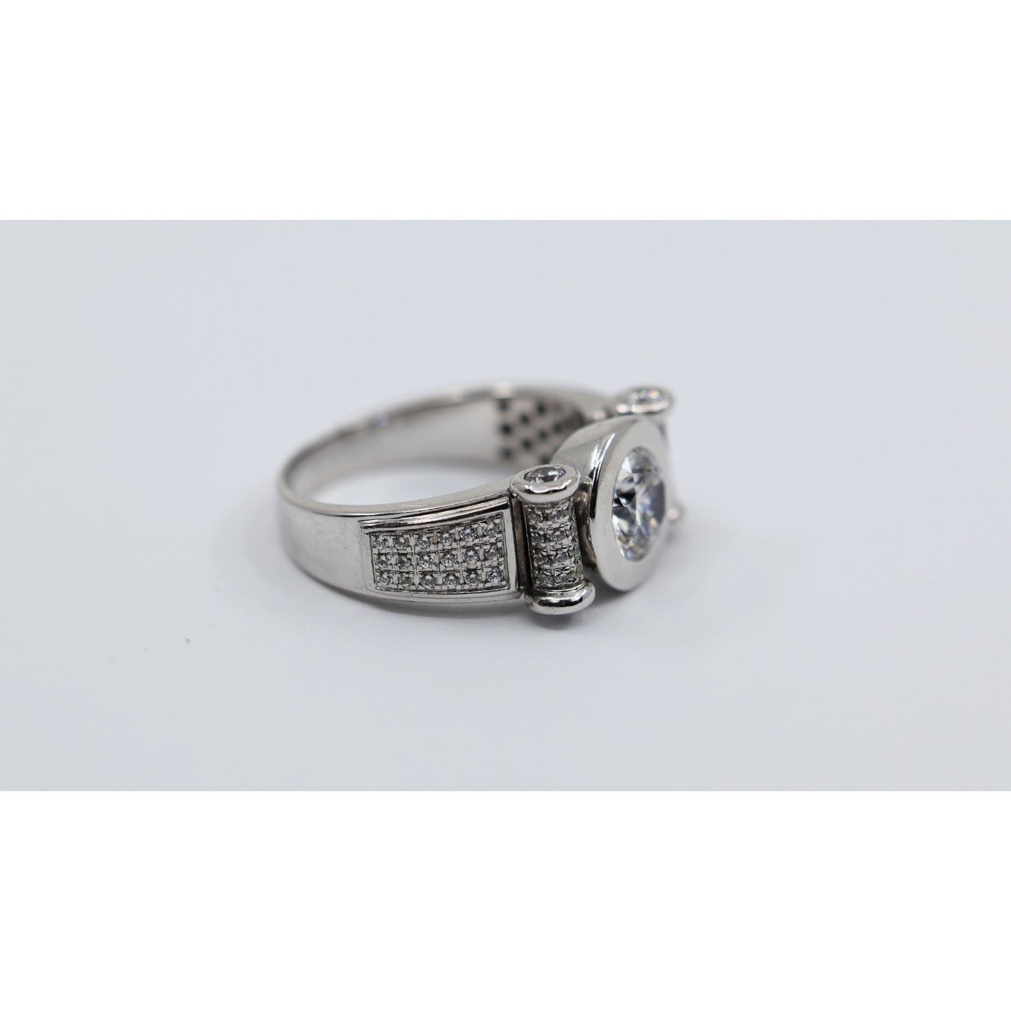 14K White Gold Round CZ Bezel Set Pave Accent Ring