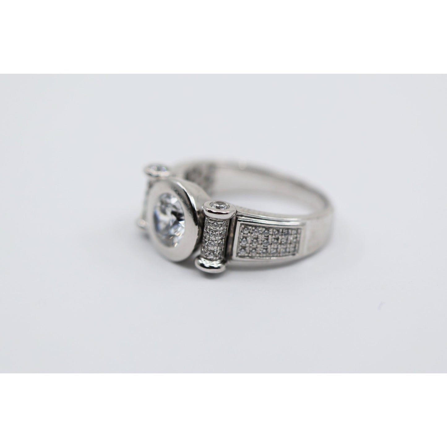 14K White Gold Round CZ Bezel Set Pave Accent Ring
