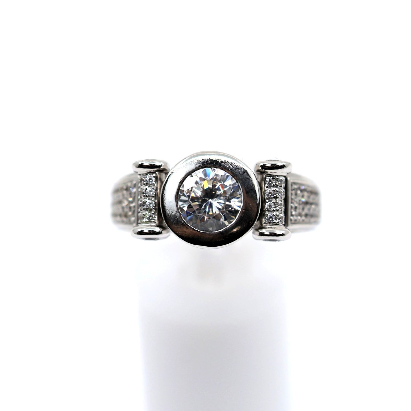 14K White Gold Round CZ Bezel Set Pave Accent Ring