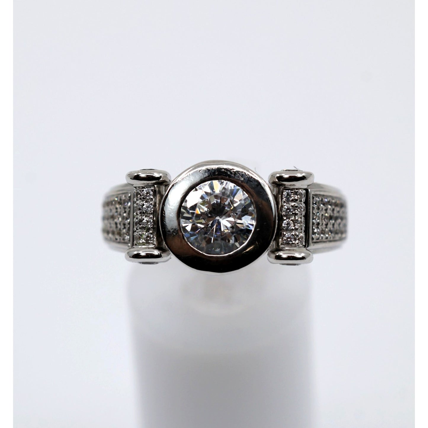 14K White Gold Round CZ Bezel Set Pave Accent Ring