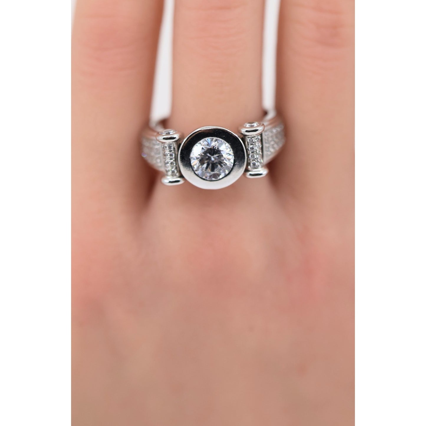 14K White Gold Round CZ Bezel Set Pave Accent Ring