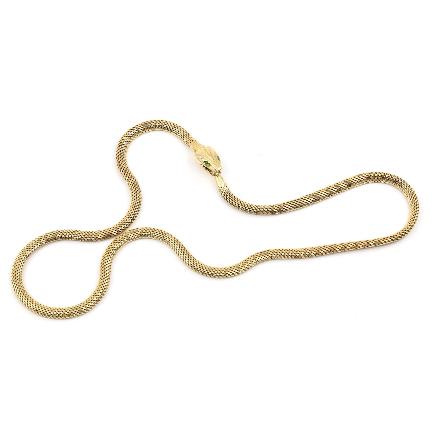14K Yellow Gold Mesh Snake Peridot Eyes Chain Necklace