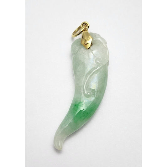 14K Yellow Gold Green Jadeite Jade Carved Chili Pepper Charm Pendant