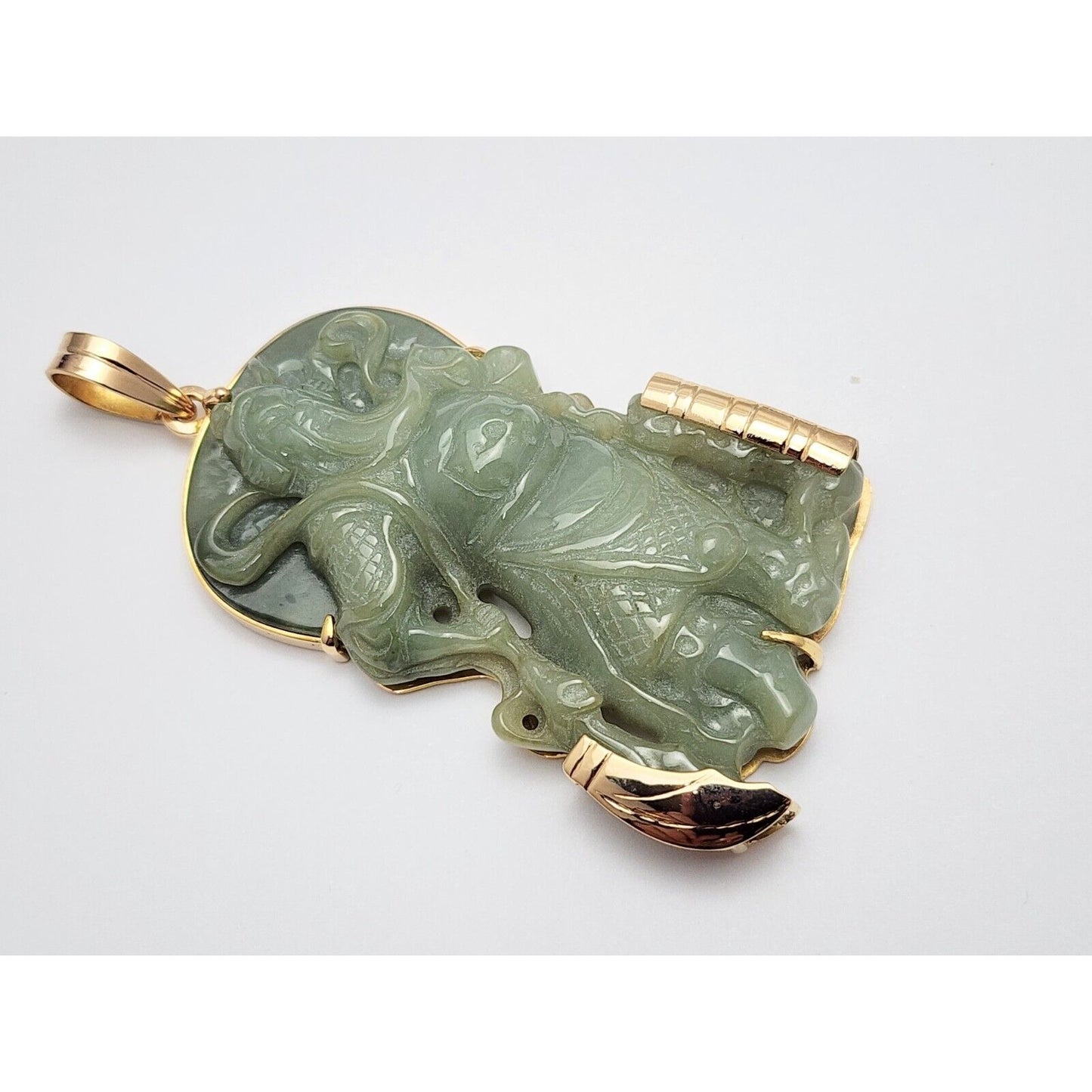 Large 14K Yellow Gold Green Jadeite Jade Guan Yu Guan Gong Carved Charm Pendant