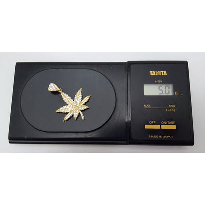 10K Solid Yellow Gold Cubic Zirconia Marijuana Leaf Weed Charm Pendant