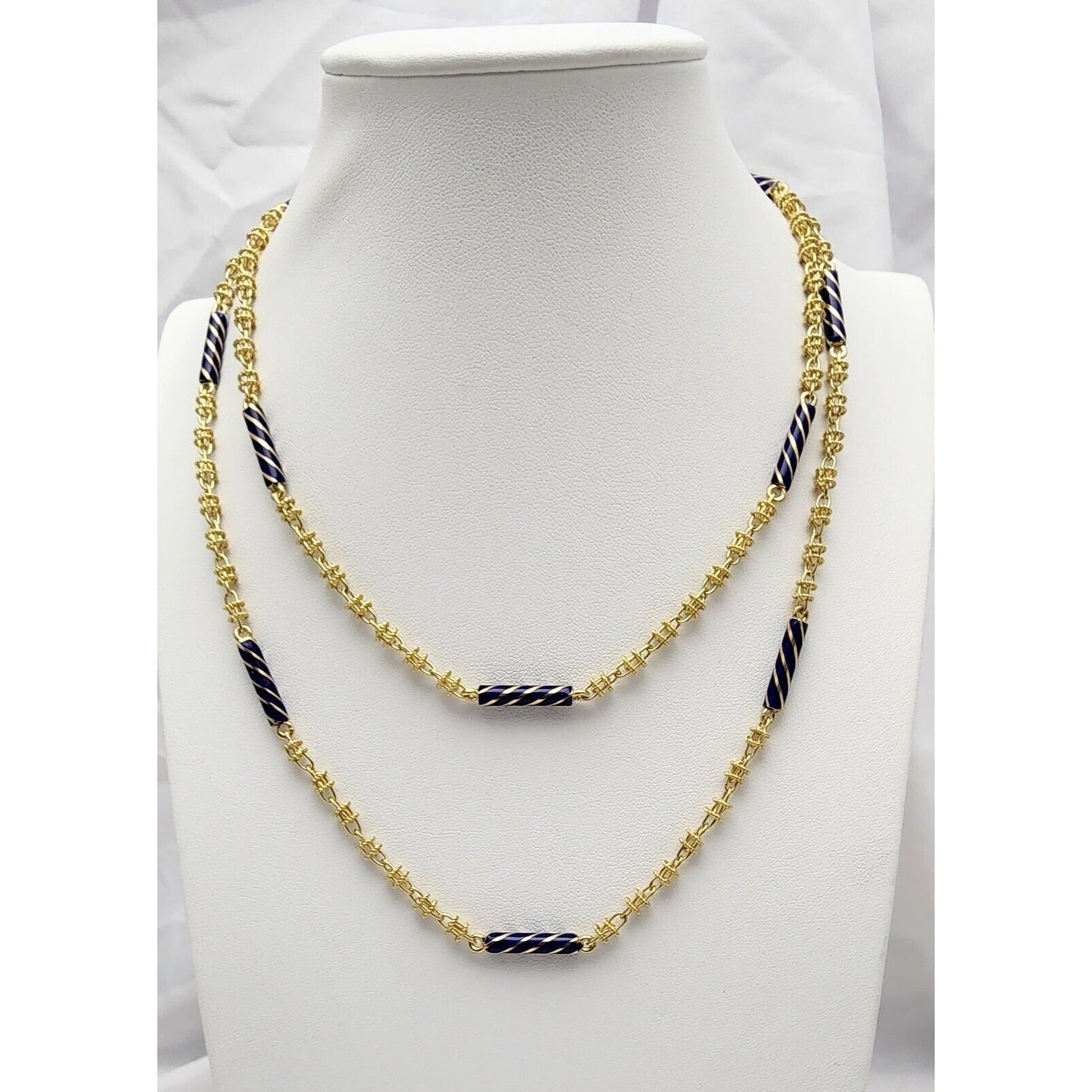 18K Yellow Gold Blue Enamel Link Chain Necklace