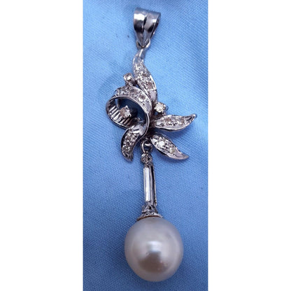 14K Solid White Gold Pearl & Diamond Drop Dangle Charm Pendant