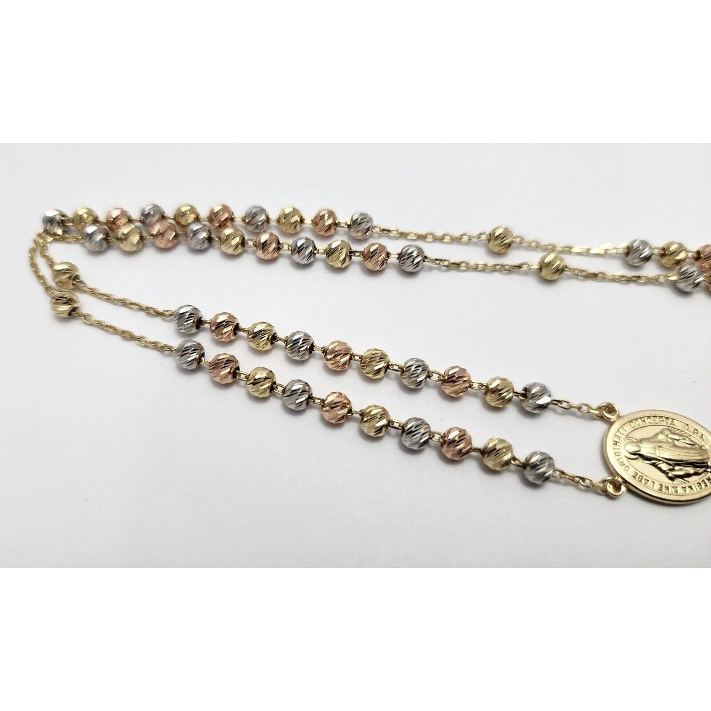 14K Tri Tone Gold Bead Ball Rosary Cross Link Chain Necklace