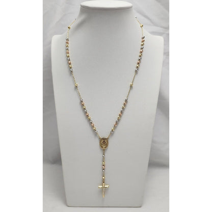 14K Tri Tone Gold Bead Ball Rosary Cross Link Chain Necklace