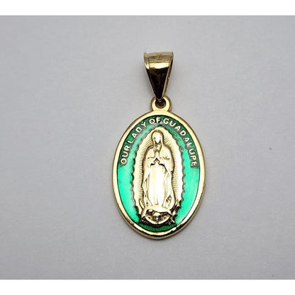 14K Solid Yellow Gold Green Enamel Saint Mary Guadalupe Charm Pendant