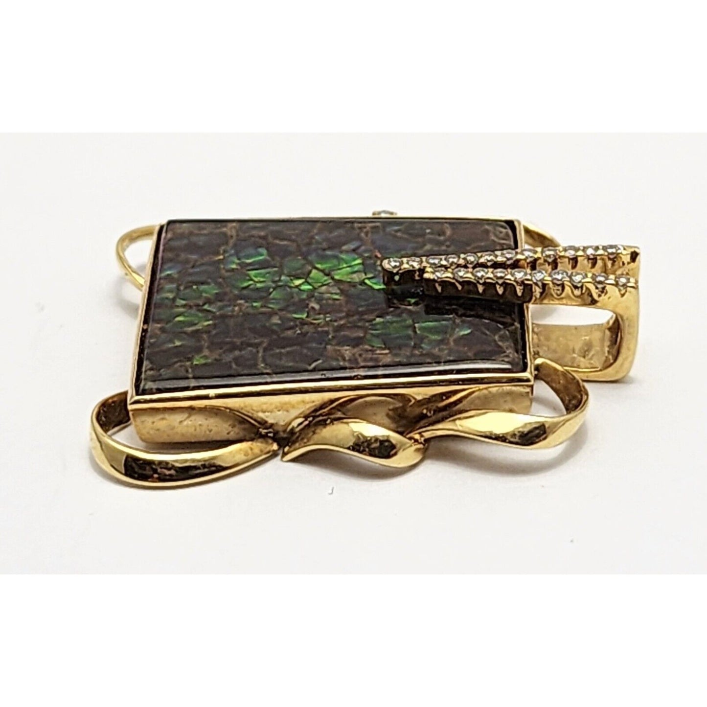 18K Solid Yellow Gold Green Ammolite Fossil & Diamond Charm Pendant