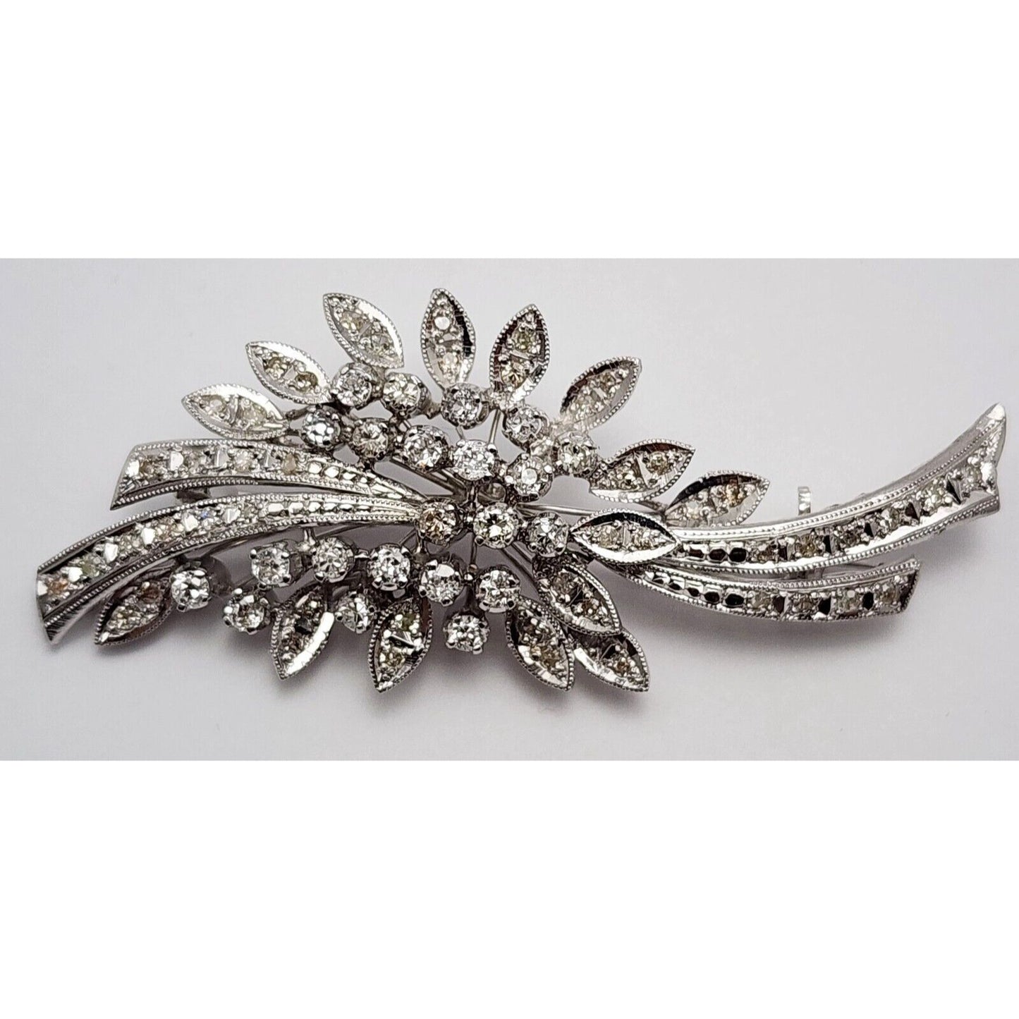 Vintage 10K White Gold Flowers Leaf Old Cut Diamond Brooch Pin