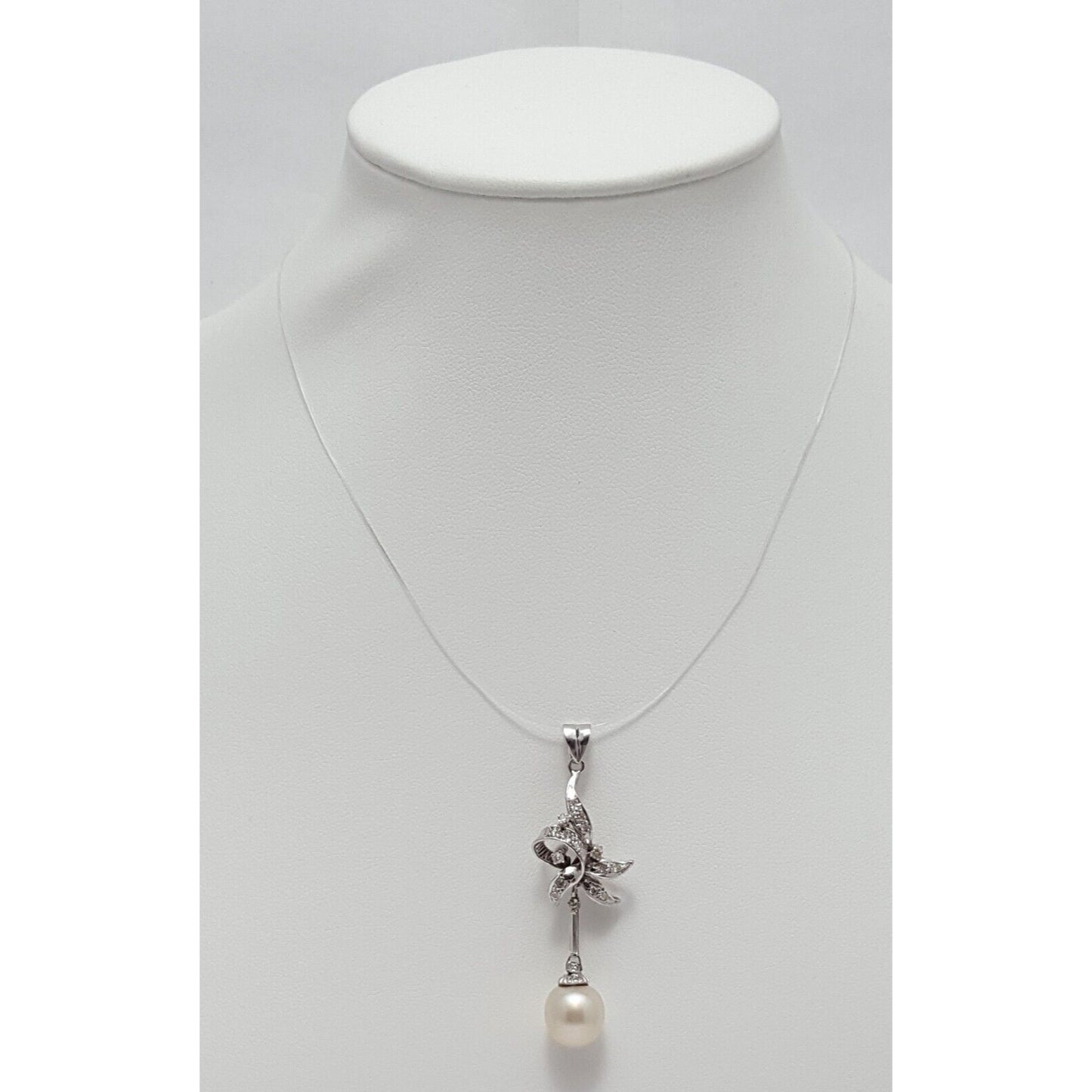 14K Solid White Gold Pearl & Diamond Drop Dangle Charm Pendant