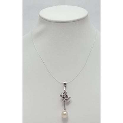 14K Solid White Gold Pearl & Diamond Drop Dangle Charm Pendant