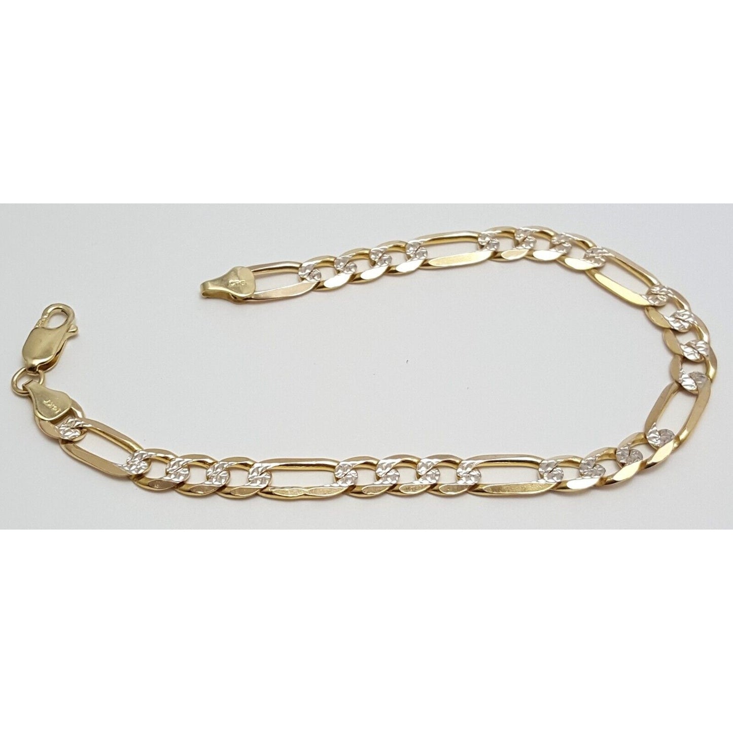 14K Solid Multi Tone Gold Diamond Cut Figaro Link Bracelet