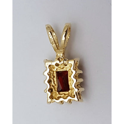 14K Solid Yellow Gold Square Garnet & Diamond Charm Pendant