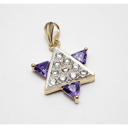 14K Two Tone Gold Star of David CZ & Amethyst Charm Pendant